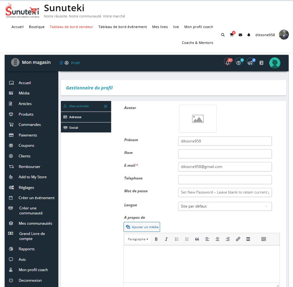 Modification du profil coach sur Sunuteki