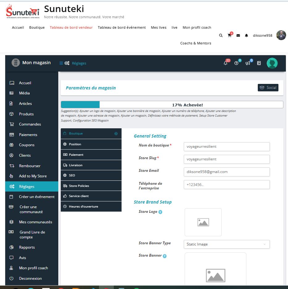 Configuration et réglages de la boutique Sunuteki